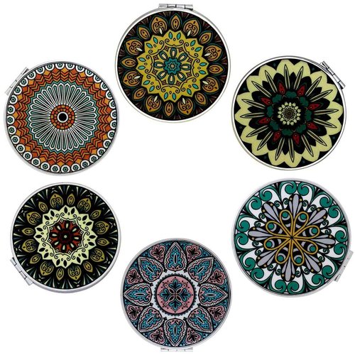 Beaufy Small Compact Mirror Magnifying Travel Pocket Mirrors Handheld Foldable Mini Size with 1x 2X Magnification for Purse Handbag - Embossed Mandala Design for Girls Women Pack of 6