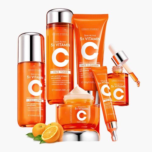 6PCS 5x Vitamin C Skincare Set with Niacinamide – Includes Cleanser, Toner, Serum, Eye Cream, Face Cream & Lotion – Hydrating 5 Heavy Vitamin C Korean Skincare Gift Kit for Women