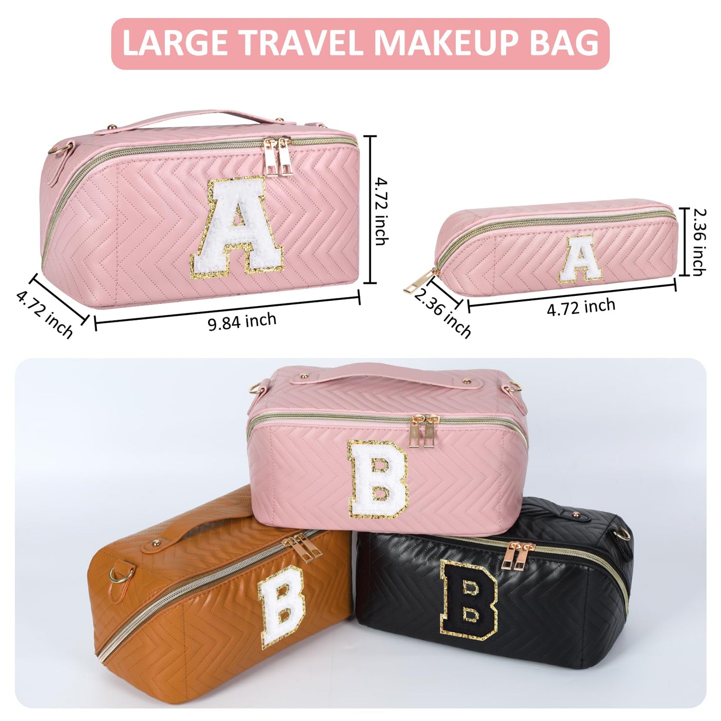 Huifen 2pcs Personalized Initial Makeup Bag, Travel Toiletry Bag Cute Makeup Pouch Cosmetic Make Up Bag Travel Essentials Makeup Organizer Bags Birthday Gifts for Women Girls Friends (Pink, Z)