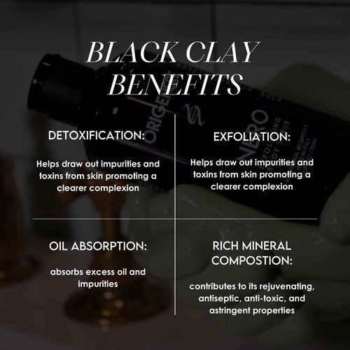 Origenere Nero Exfoliating Body Scrub. All-Natural Botanicals, Brazilian black clay, Avocado Oil, Sandalwood, Mandarin Orange, Ginger, Orange flower water. Detoxyfying Formula.