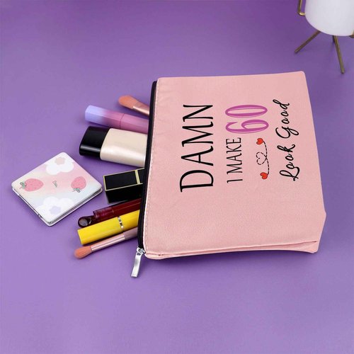 Sazuwu Happy 60th Birthday Gift for Mom Pink Makeup Bag Gag Gift for Sixty Birthday Funny Cosmetic Bag Born in 1964 Travel Pouch