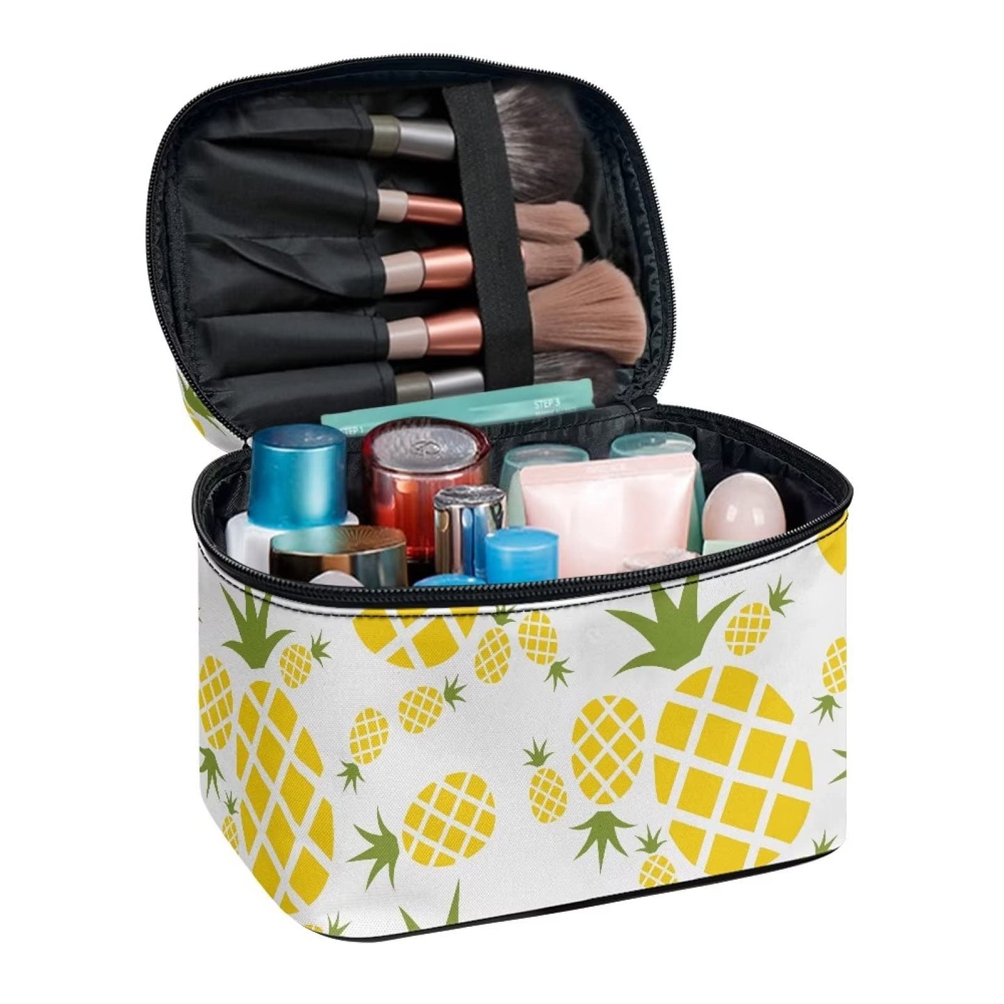 JEOCODY Pineapple Print Makeup Bag Portable Cosmetic Bag Portable Travel Makeup Train Case with Handle for Cosmetics Makeup Brushes, Girls, Women, Friends Gifts