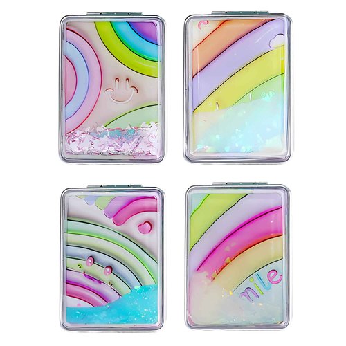 DOOSAI Cute Rainbow 4 Pcs Pocket Mirror Kits for Purse, Quicksand Portable Small Travel Makeup Mirror with 1X/2X Magnifying, Square Foldable PU Leather Cosmetic Mirror for Children and Girls
