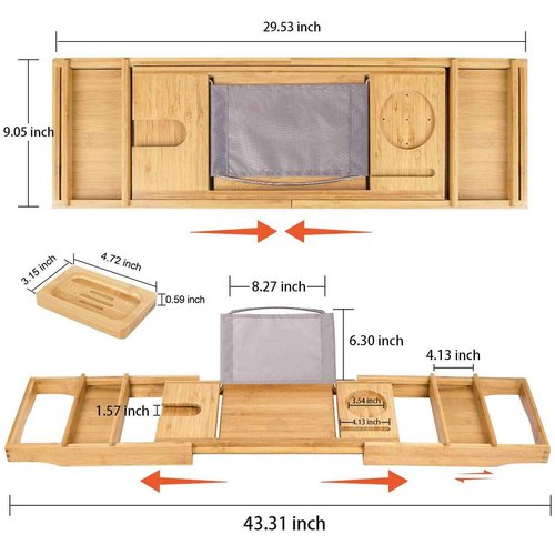 Bamboo Bathtub Caddy Tray Expandable for Luxury Bath, Bath Accessories & Table with Wine Glass Holder, Book Stand Bathroom Organizer with Extending Sides for Men/Women,Natural