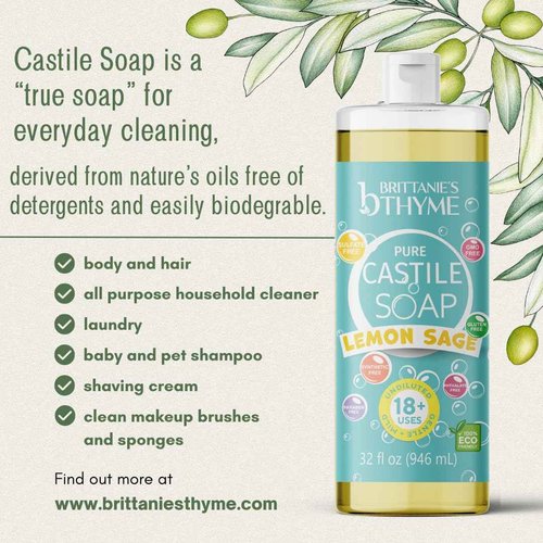 Brittanie’s Pure Castile Liquid Soap Refill, Lemon Sage, 32 Ounce Pack of 2 | Dish Soap, Hair & Body, Home, Gentle and Pure, Made with Natural Luxurious Oils, Vegan & Gluten Free Non-GMO