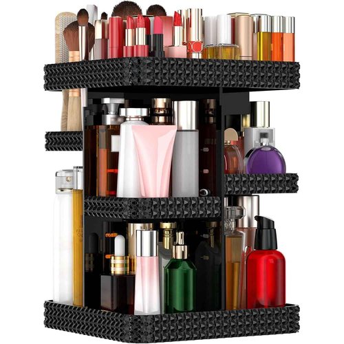 DALEMKY 360 Rotating Makeup Organizer - Black Acrylic Makeup Storage for Vanity, Cosmetic Organizer with Lotion and Perfume Holder for Dresser