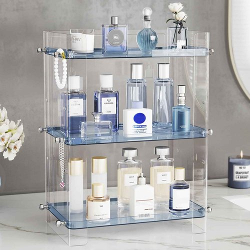 Delamu Bathroom Countertop Organizer, 3 Tier Adjustable Corner Makeup & Skincare Organizer with Protective Guard Rail, Transparent Design for Vanity, Bathroom Counter, Ideal for Girls