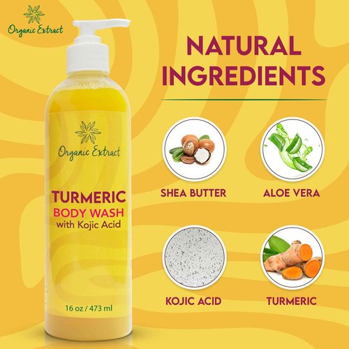 ORGANIC EXTRACT, Turmeric Kojic Acid Body Wash – 16 fl oz / 473ml – Skin Brightening Shower Gel for Deep Gentle Moisturizer, Helps to Remove Dark Spot, with Shea Butter & Aloe Vera