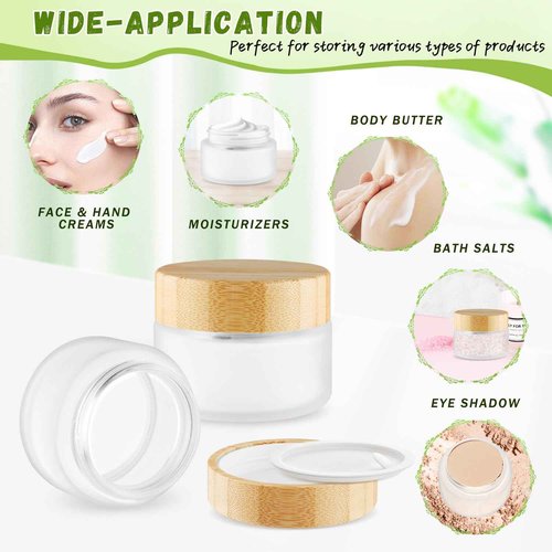 DMuuuDM Glass Bamboo Jars with Lid,Empty Round Frosted Glass Jar Holder with Inner liner,Small Travel Cosmetic Jars for Moisturizer,Foundation,Lotion,Cream,body butter,Candle Making-6 Pcs (100ml)