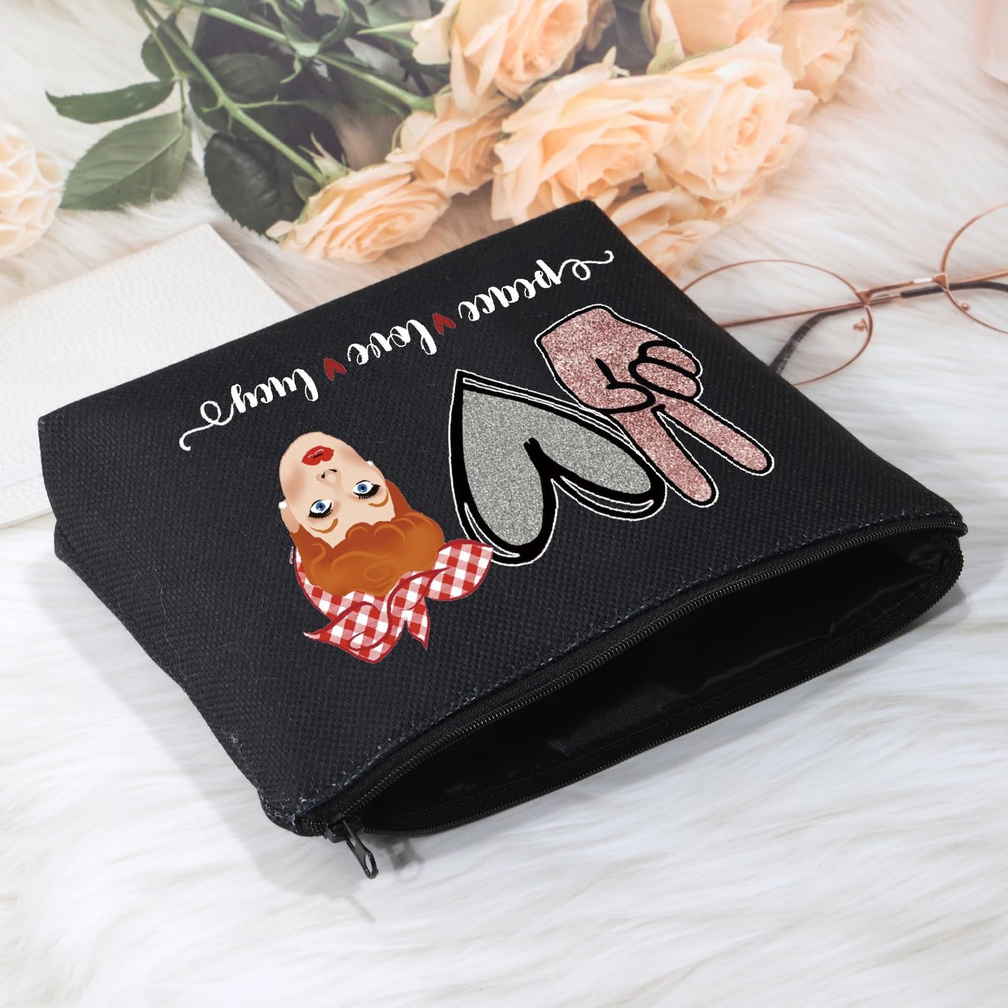 POFULL TV Show Inspired Gift Lucy Fan Gift Peace Love Lucy Makeup Zipper Pouch Bag For Women (Black peace love luc Bag)