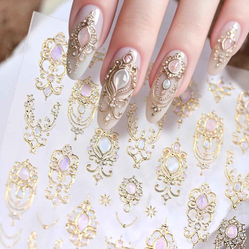 5D Embossed Gemstone Nail Stickers Gold Nail Art Stickers Decals with Gold Mace Design Nail Stickers for Nail Art Mace Style Self-Adhesive Manicure Decoration for Women Nails Supplies