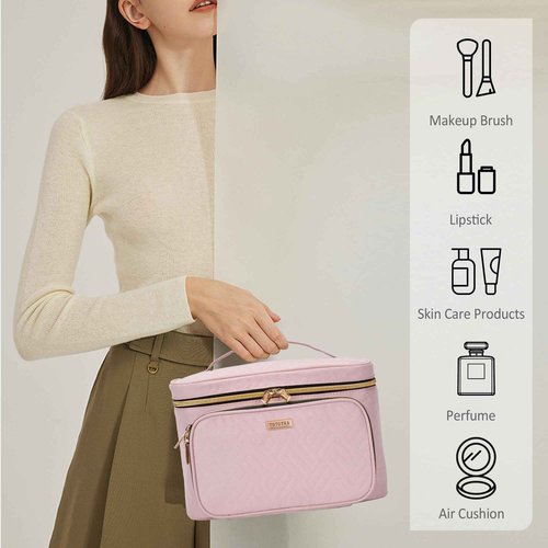 TBTOTRA Travel Makeup Bag with Jewelry Organizer, Large Cosmetic Case, Waterproof Toiletry Bag for Cosmetics, Brushes, and Tools, Pink