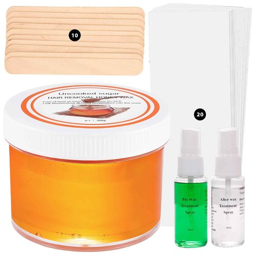 Sugar Wax Kit Suagring Kit: 300g/10.6oz Organic Sugaring Paste for Body Hair Removal - Includes Wax Strip and Stick, Pre & Post Care Oil