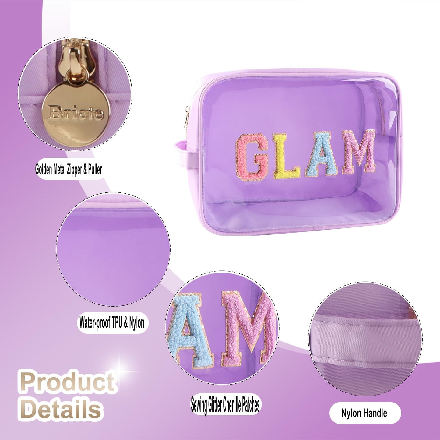 Bricte Transparent Extra Large Glitter Chenille Patches GLAM Pouch Preppy Clear TPU and Nylon Makeup Bag Women (X-Large, Purple-Glam)