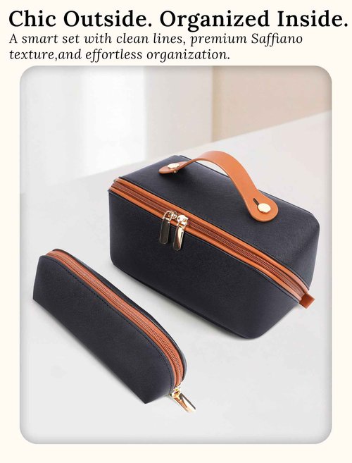 ALEXTINA Travel Makeup Bag, Large Capacity Cosmetic Bags for Women, 2Pcs Makeup Organizer Bag, Wide Open Flat Portable Pounch with Dividers, Waterproof Toiletry Bag for Women (Brown and Black)