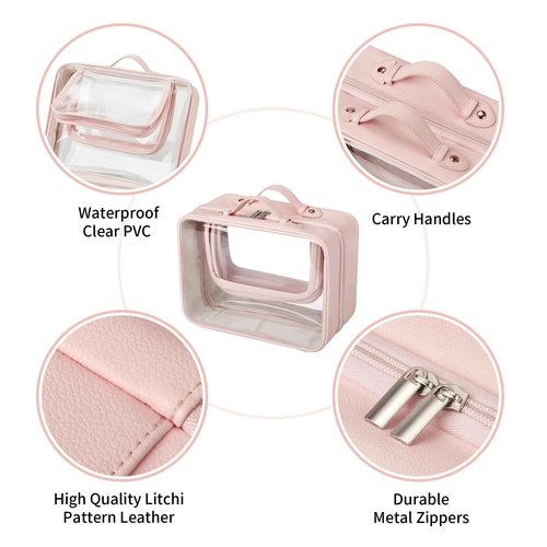 GRANNY SAYS TSA Approved Toiletry Bag, Clear Makeup Bag, Travel Toiletry Bag for Women, Leather Travel Cosmetic Bag, Portable PVC Waterproof Bag, Large Makeup Organizer, Pink