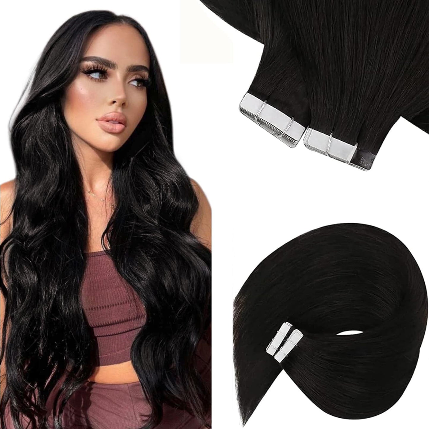 Sunny Hair Tape in Extensions Straight Skin Weft Tape in Hair Extensions Invisible Tape in Hair Extensions Human Hair 20Pcs Hair Extensions Real Human Hair Natural Black 14inch