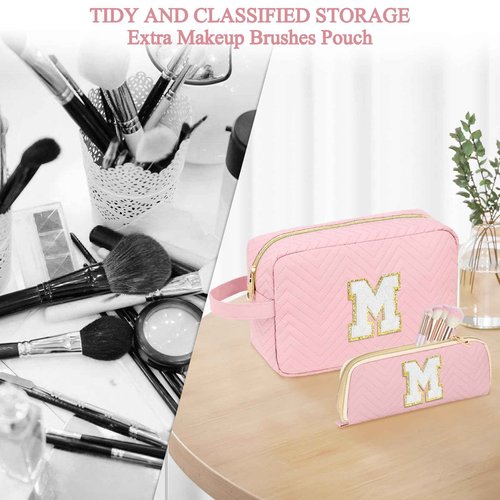 Personalized Initial Makeup Bag Trendy Stuff Leather Waterproof Cosmetic Bag Travel Toiletry Bag, Christmas/Thanksgiving/Halloween Gifts Makeup Organizer Case for Women Girls Mom Girlfriend Wife