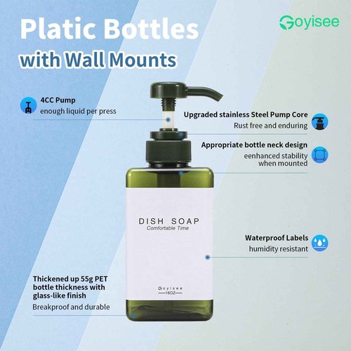 GOYISEE Plastic Refillable Hand Soap Dispenser Modern Square Pump Bottle for Bathroom Vanities or Kitchen Sink, Countertops - 3 Packs with Waterproof Label(Green)