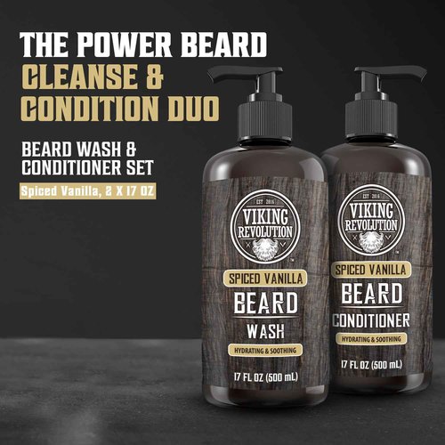 Viking Revolution Beard Wash and Beard Conditioner for Men with Argan Oil and Jojoba Oil - Beard Softener and Strengthener Beard Care Beard Shampoo and Conditioner with Beard Oil (17oz Spiced Vanilla)