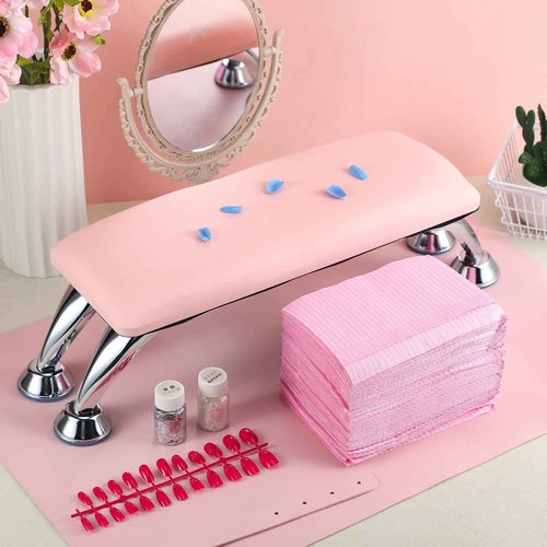 Demissle Nail Accessories Tool Sets Include 1 Detachable Hand Rest Pillow for Nails, 1 Art Table Mat, 50 Disposable Paper Mat for Practice Sheet Nail Technician Salon Home (Pink)