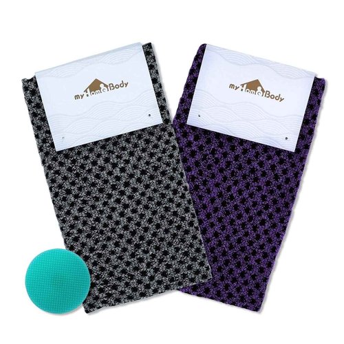 myHomeBody Extra Long Exfoliating Washcloth, Exfoliating Body Scrubber, Shower Towel, Long Bath Cloth, 3D Texture Obsidian and Raisin Dots, Set of 2 with Silicone Facial Brush