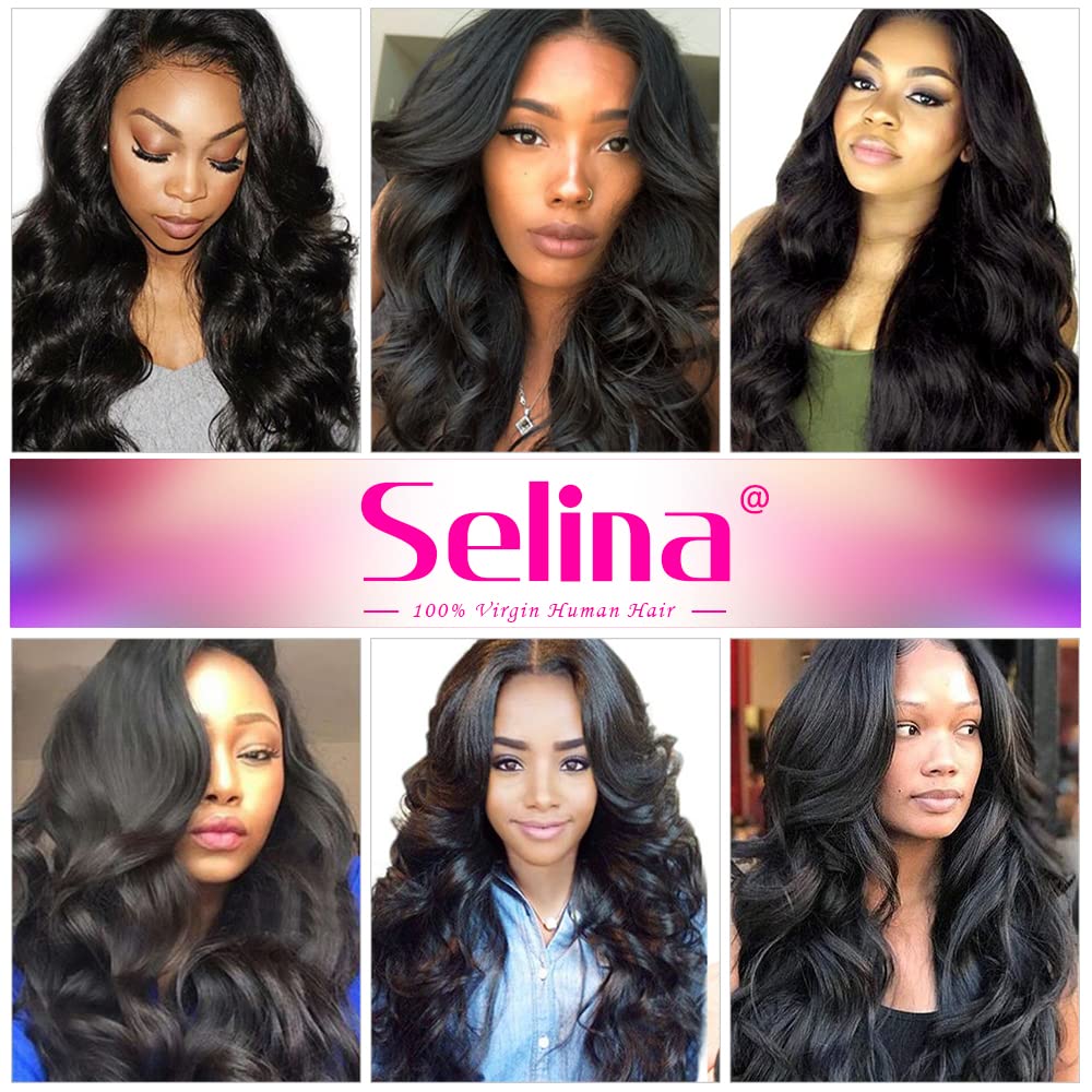 Selina Brazilian Body Wave Hair 3 Bundles With Free Part Closure Brazilian Virgin Human Hair 12A 100% Unprocessed Brazilian Hair Lace Closure Natural Black (16"18" 20"with 14" Closure, Body 3+1)