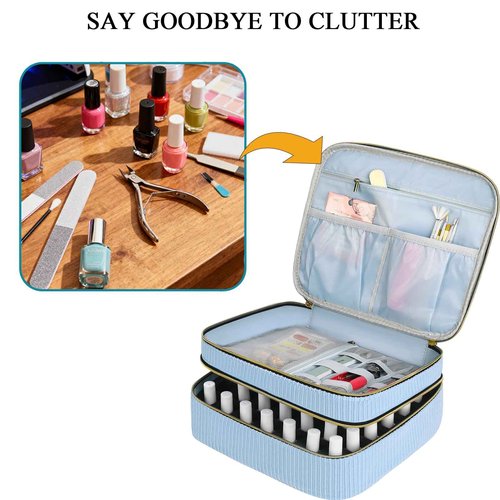 LYFFXYH Double-Layer Nail Polish Organizer, Nail Polish Storage with Handle, Nail Bag Organizer Case for Professional Manicure Kit & Travel (Blue, 42 Bottles-Small)