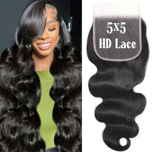 QTHAIR 16A Body Wave 5x5 Transparent Lace Closure 16inch 5x5 Lace Closure 16inch Human Hair Pre Plucked with Baby Hair Lace Closure Natural Black Color for Black Women