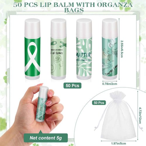 Fumete 50 Sets Suicide Prevention Awareness Lip Balm Bulks Motivational Green Teal Ribbon Lip Balm Gift for Mental Health Awareness Inspirational Party Favor