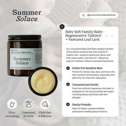 Summer Solace Tallow Family Balm Unscented with Light Cacao Butter | Moisturizing Leaf Lard, Pasture Raised Cattle Suet, Organic Pastured Leaf Lard Nourishing Face & Body Balm for Parents 50ml
