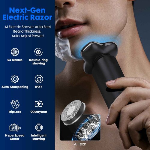 Black Electric Razor for Men with 3-Blade Rotary System, Touch Switch, LED Display, Travel Lock