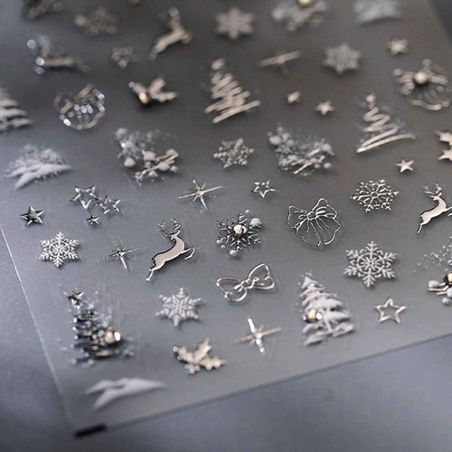 5D Christmas Nail Stickers Silver Nail Sticker for Nails Art Snowflake Nails Decals with Design Elk Christmas tree Nail Decals Self Adhesive Nails Stickers for Women Girls DIY Acrylic Nail Accessories