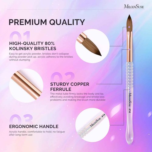 MelodySusie Kolinsky Acrylic Nail Brush, 80% Kolinsky Hair, Professional Nail Brush for Acrylic Powder Nail Extension and 3D Nail Carving, Nail Art Tools for DIY Home Salon, Size 14