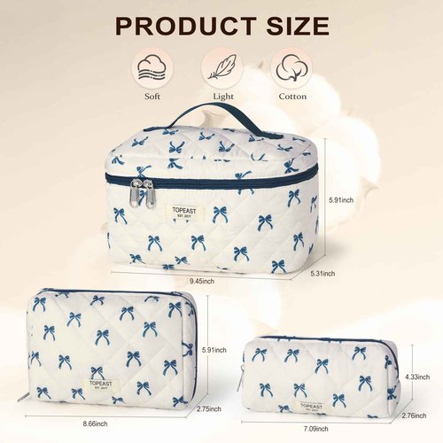 TOPEAST Christmas Gifts for Women Girls - 3Pcs Travel Makeup Bag Large Cute Quilted Make Up Bag for Purse, Portable Big Cosmetic Brush Pouch, Blue Bow