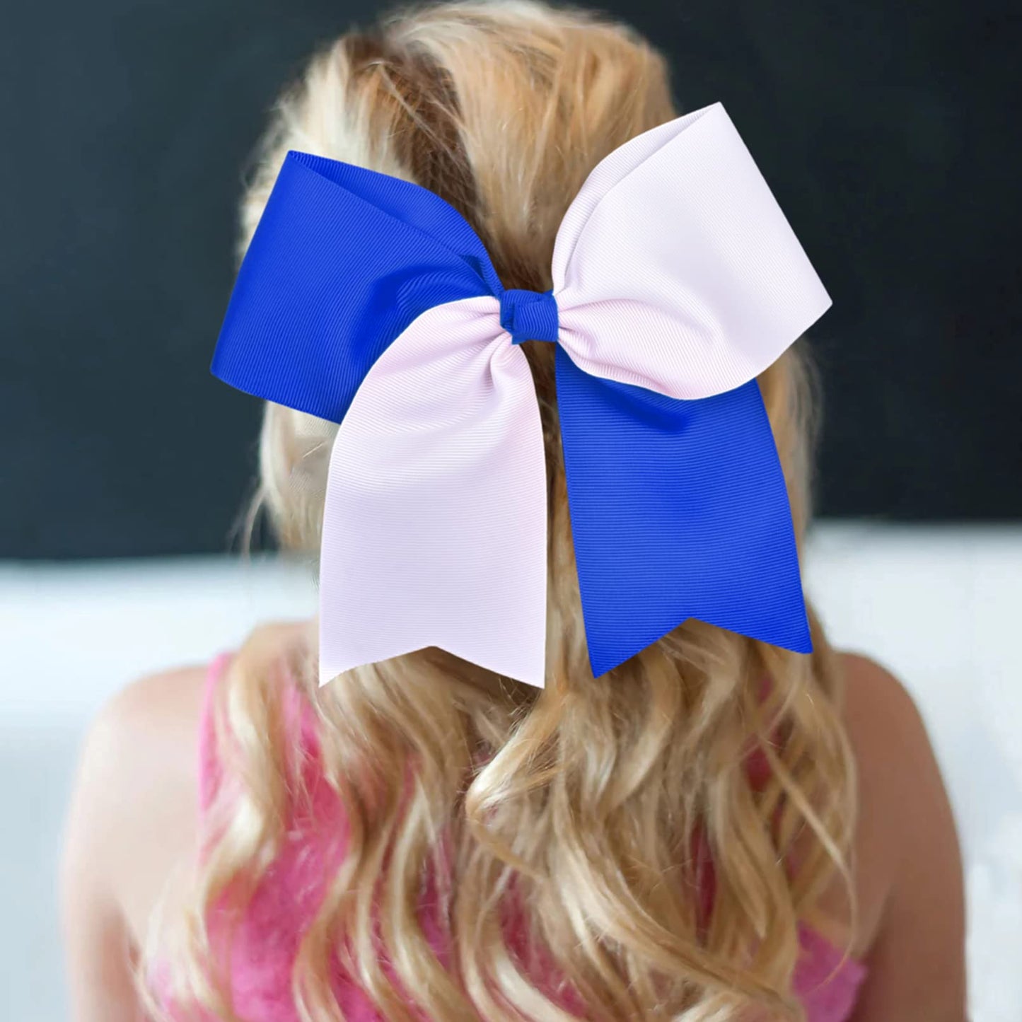 8" Large Cheer Bows Ponytail Holder 12PCS Girls Elastic Hair Ties Navy White Accessories for women youth toddler football Competition Sports