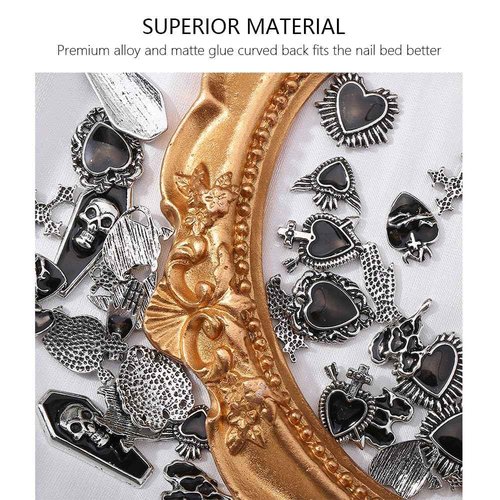 Y2K 3D Chrome Gem Nail Charms - Black Gothic Set with Cross, Heart, Tombstone, Red & Retro Designs - DIY Bracelet Charms（Black） (Black+Silver)