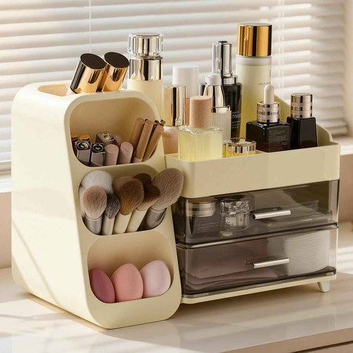 Delamu Big Makeup Organizer with Drawers, Spacious Cosmetic Display Caddy with Makeup Brush Holder, Bathroom Countertop Organizer for Vanity, Dorm, Desk, Beige