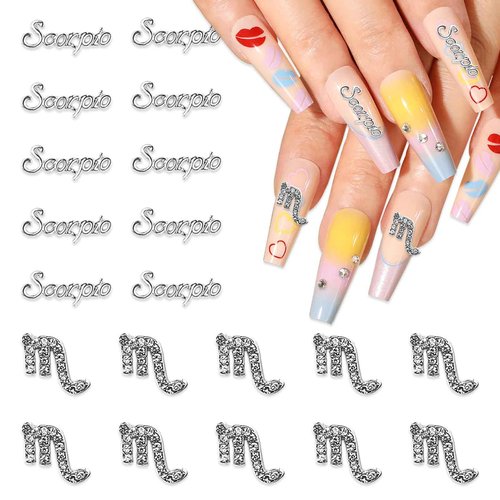 JERCLITY 20pcs Silver Alloy Scorpio Zodiac Nail Charms 10pcs Scorpio Sign Symbols Nail Charms 10pcs Scorpio Constellation Words Nail Charms for Nails（Scorpio Dates: October 24 to November 22）, JSP406