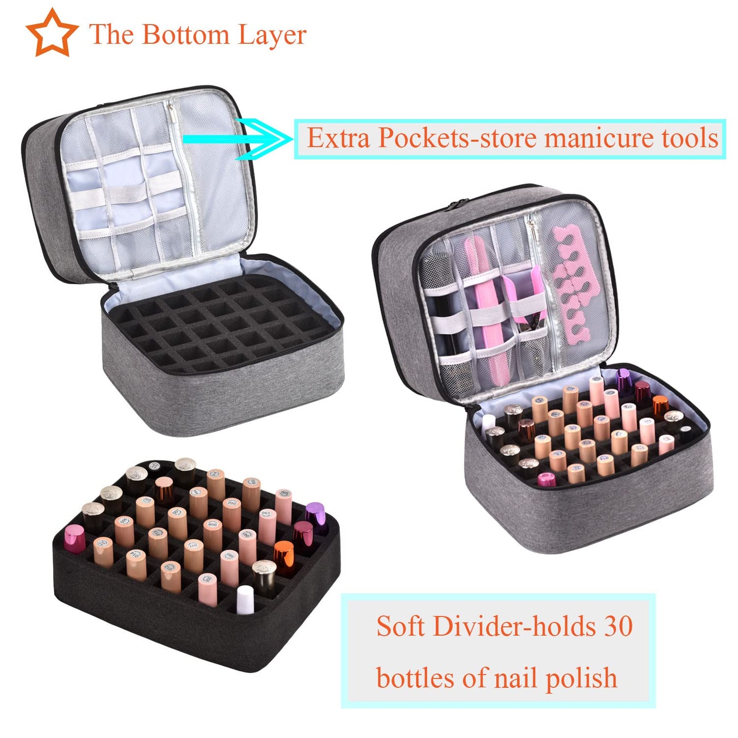 Nail Polish Organizer Holds 30 Bottles (15ml) and 1 Nail Light Nail Polish Carrying Case with Storage Pockets for Manicure Tools Double Layer Nail Polish Storage Travel Bag with Handle (A-Gray)