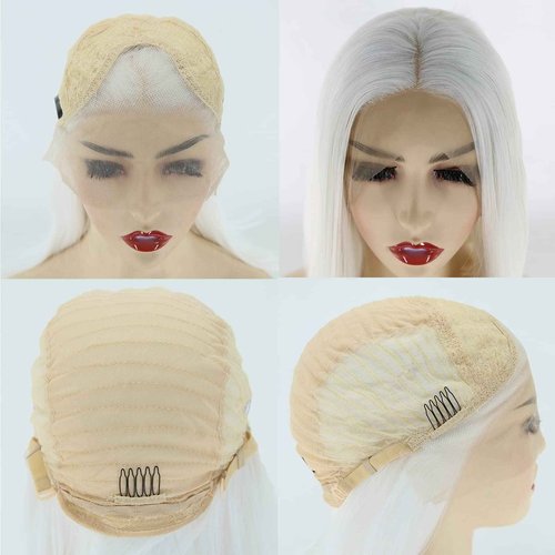 BTWTRY White Color Synthetic Lace Front Wigs Short Hair Style Heat Resistant Fiber Bob Wig for Black Women Middle Part Cosplay Wig (12inch, Snow White)