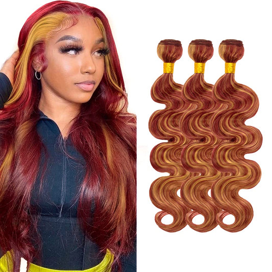 Honey Blonde Bundles 27 Human Hair Bundles Highlight Body Wave Human Hair Bundles Brazilian Unprocessed Virgin Hair 3 Bundles 8 10 12 inch P27/99J Bundles Burgundy Body Wave Bundles