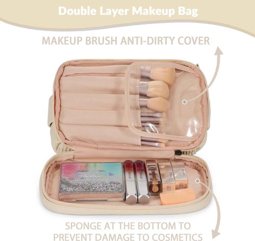 Large Capacity Travel Cosmetic Bag for Women, Girls, Leather Double Layer Portable Makeup Bag with Brush Compartment for Travel Bathroom Beige