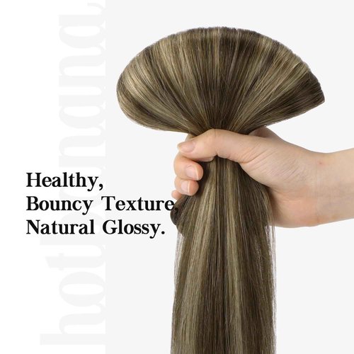 HOTBANANA Human Hair Clip in Hair Extensions, Balayage Chocolate Brown with Honey Blonde 120g Clip in Hair Extensions Real Human Hair Straight Remy Hair Clip Ins Dark Roots Ombre 14 Inch 7pcs
