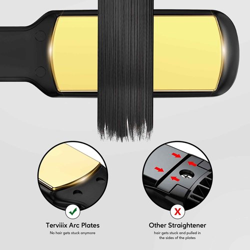 Terviiix Titanium Flat Iron Hair Straightener - ARC Non-Snagging for Smooth, One-Swipe Results, Salon-Grade Wide 1-3/4 Inch Straightening Iron Saves Time on Thick, Curly, Black & Natural Hair, Gold