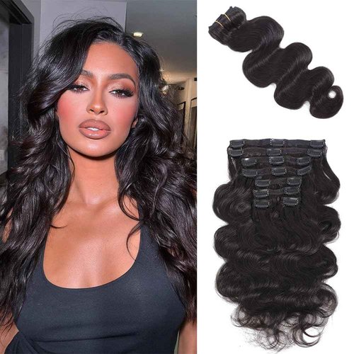 AIWET Body Wave Clip in Hair Extensions Real Human Hair for Black Women 8Pcs 110g Wavy Human Hair Clip in Extensions Natural Black Grade 12A Virgin Human Hair Extensions Double Wefts (#1B,14 Inch)