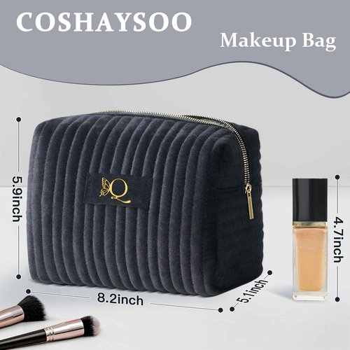 COSHAYSOO Travel Makeup Bag Quilted Make Up Pouch Initial Velvet Cosmetic Case with Butterfly Decorations for Women Cosmetics Complexion Skincare Products Tools Accessories Organizer Black Letter Q