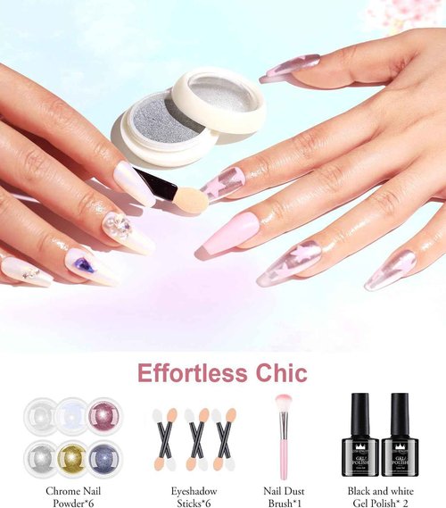 12 Pcs Chrome Nail Powder Kit - Black White Colors Gel Polish Mirror Metallic Effect Holographic Aurora Iridescent Pearlescent Manicure White Pearl Chrome Nail Powder for Nails DIY