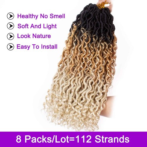 ZRQ 8 Packs Goddess Locs Crochet Hair 18 Inch Ombre Boho Faux Locs Crochet Braids 613, 3 Tone Pre Looped Bohemian Locs River Soft Locs Crochet Hair Synthetic Boho Faux Locs 1B27613#