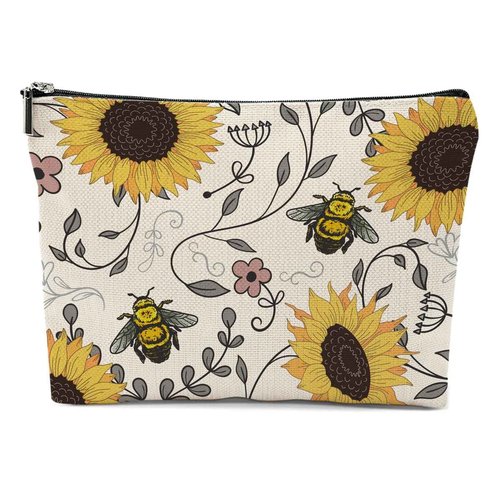 XFN Sunflowers Bee Makeup Bag, Bee Gifts Bee Themed Gifts Cosmetic Bag Travel Pouch, Sunflower Gifts for Women Girls Daughter Sisters Coworker Friends Niece Friendship Graduation Birthday Gifts